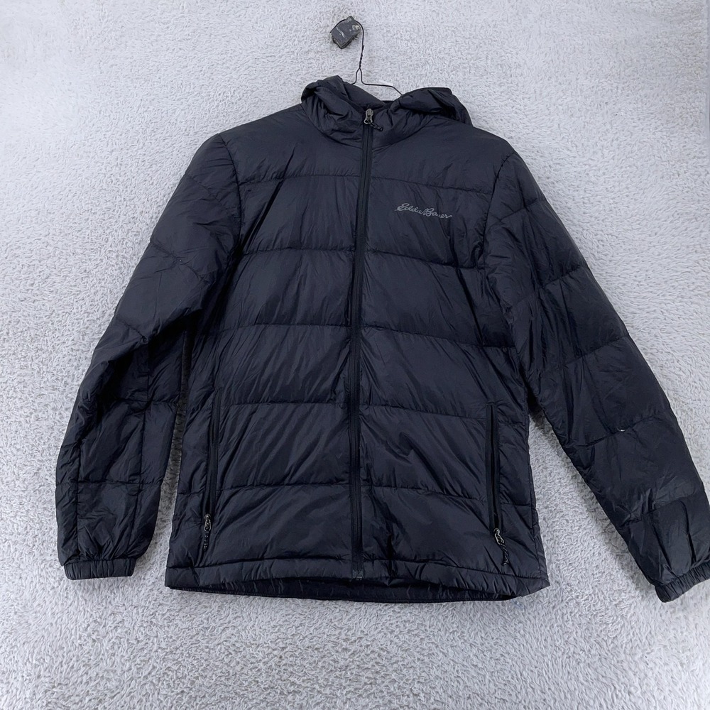Eddie Bauer Jacket Mens Small Black Wide Channel Hooded‎ Down Puffer Full Zip